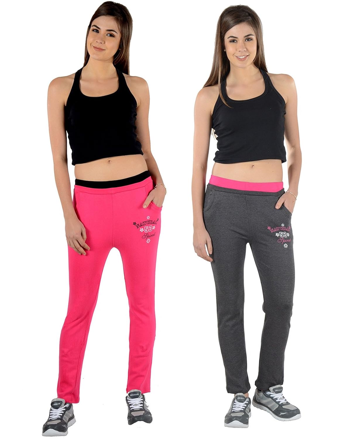 2day women's solid cotton track pants fushia/dark grey (pack of 2)