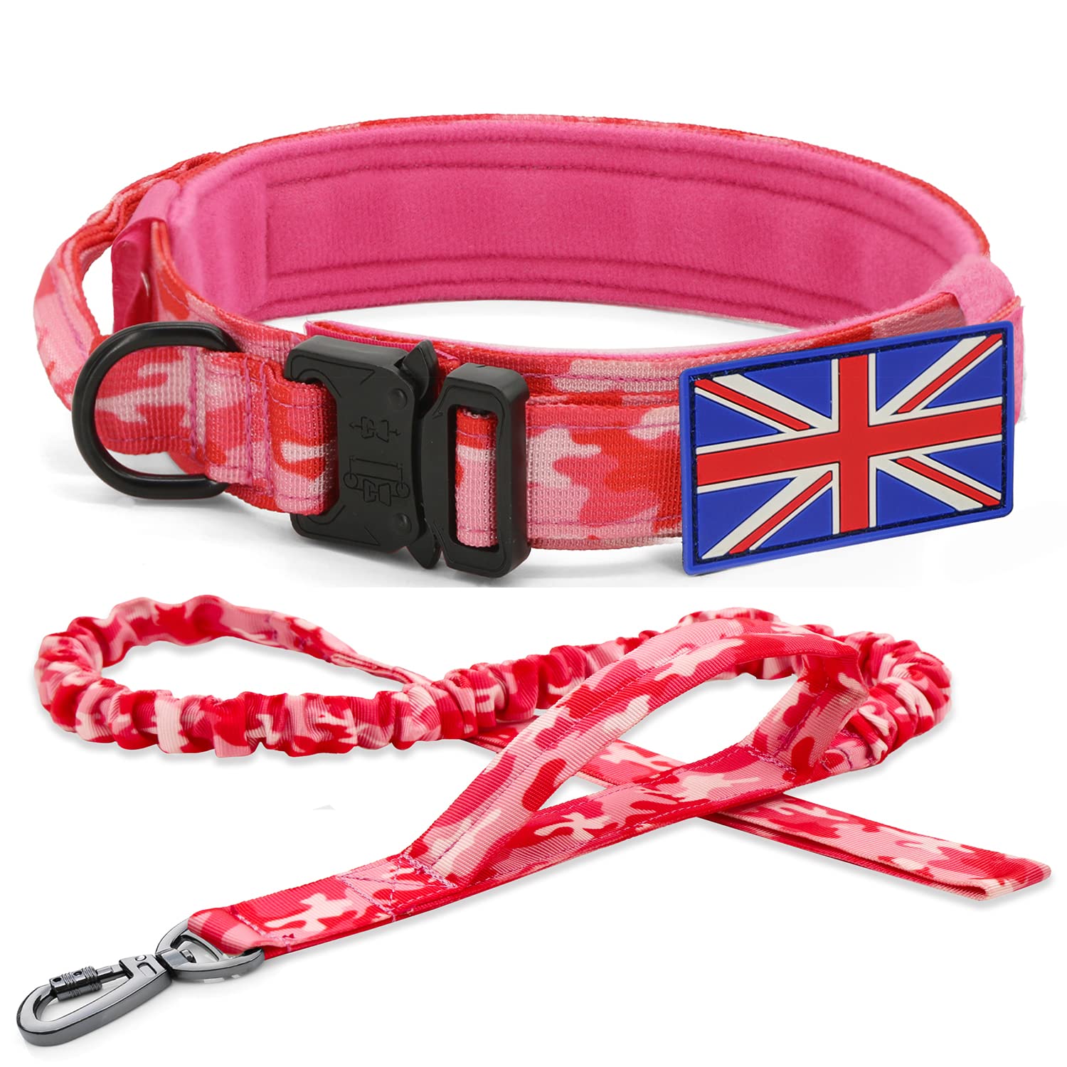YoothBro K9 Military Dog Collar & Lead Set with UK Flag - Adjustable Nylon, Heavy Duty Metal Buckle for Medium to Large Dogs, Pink, M