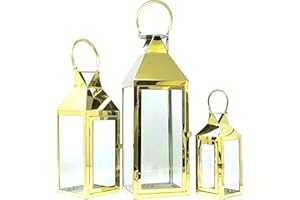 Allgala 3-PC Set Jumbo Luxury Modern Indoor/Outdoor Hurricane Candle Lantern Set with Chrome Plated Structure and Tempered Gl