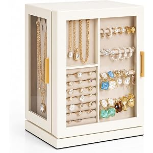 GUOER Jewelry Box for Women, 360° Rotating Jewelry Organizer, Beige | 5 Drawers & Glass Display, Large Storage Case for Neckl