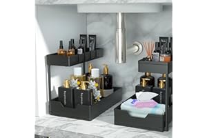 MEAFBIRD 2 Pack Under Sink Organizer, 2 Tier Bathroom Cabinet Organizer with Sliding Basket, Multi-Purpose Under Sink Organiz