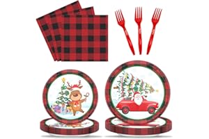 KMCCUMBER Christmas Paper Plates and Napkins, 96 Pcs Buffalo Plaid Christmas Dinnerware Set Includes Christmas Plates Napkins Forks for Christmas Party Supplies Serves 24