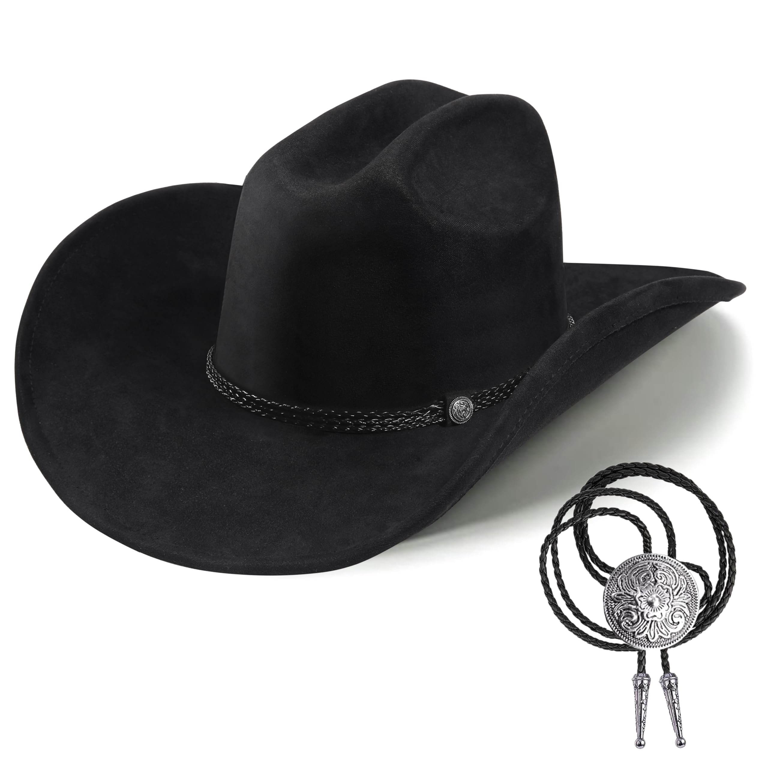 Photo 1 of Western Cowboy Hat for Men Women,Shapeable Wide Brim Felt Fedora Classic Cowgirl Hats for Cowboys and Cowgirls,with bolo tie (US, Alpha, Medium, Large, Black-C)