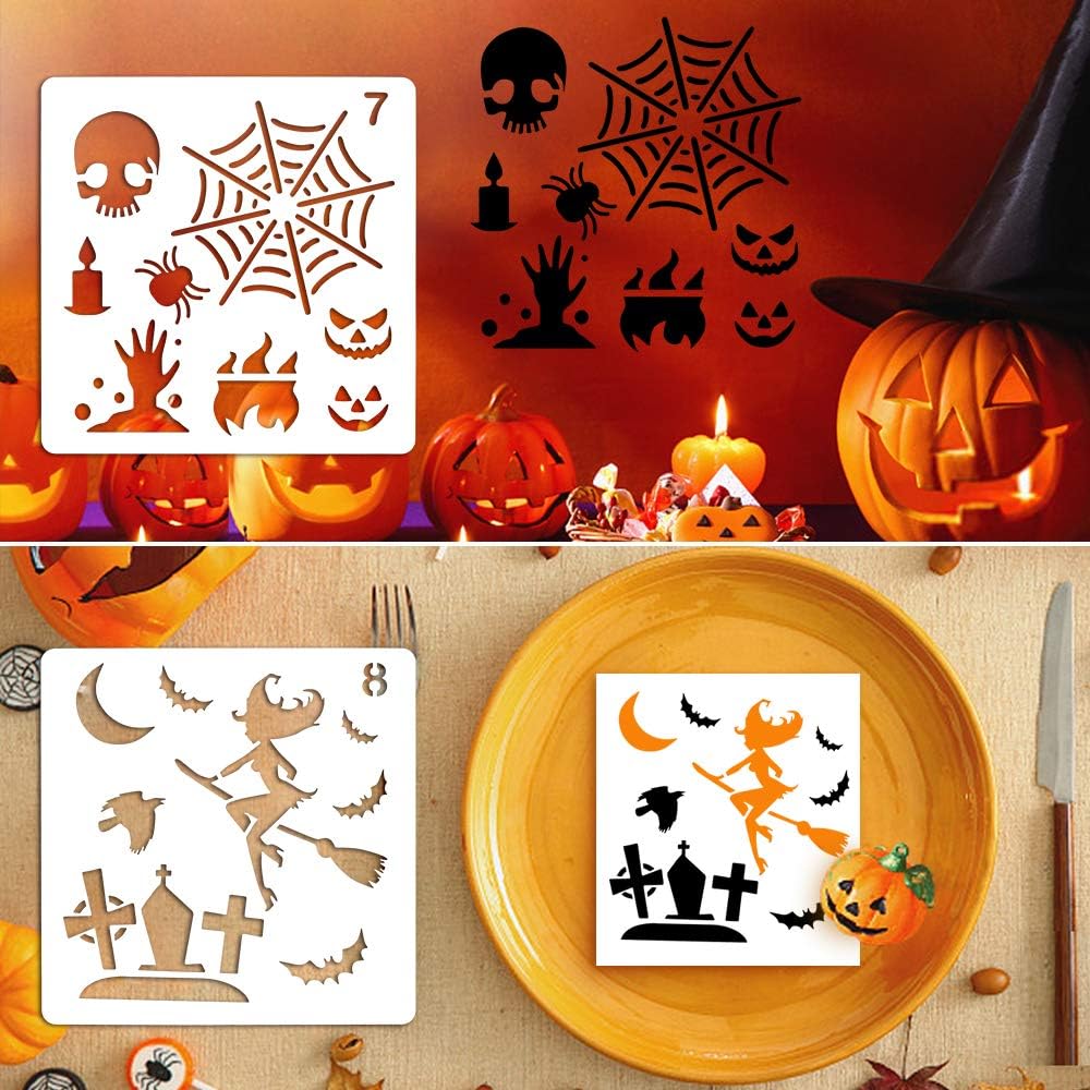Coogam 8 Pcs Halloween Stencils Template DIY Decorative Pumpkins Design Mould Set - Reusable Plastic Craft for Art Drawing Painting Spraying Window Mirror Glass Door Car Body Wood Journaling Scrapbook: Toys & Games