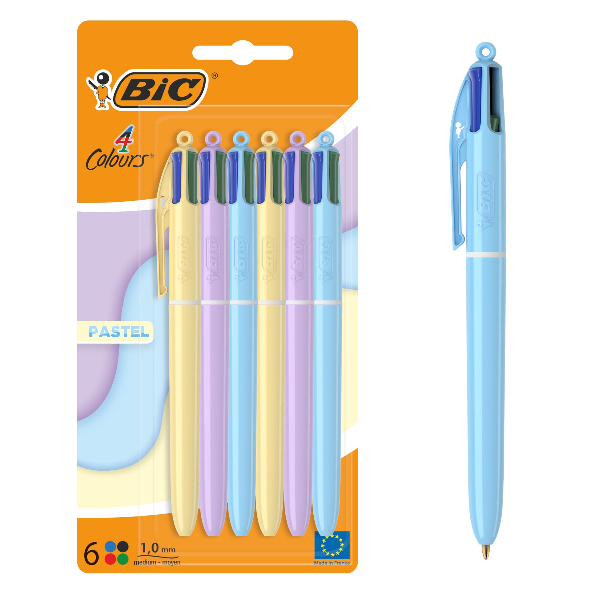 BIC 4 Colours Pastel Ball Pens with Medium Points (1.00 mm) - Assorted Colours, Pack of 6