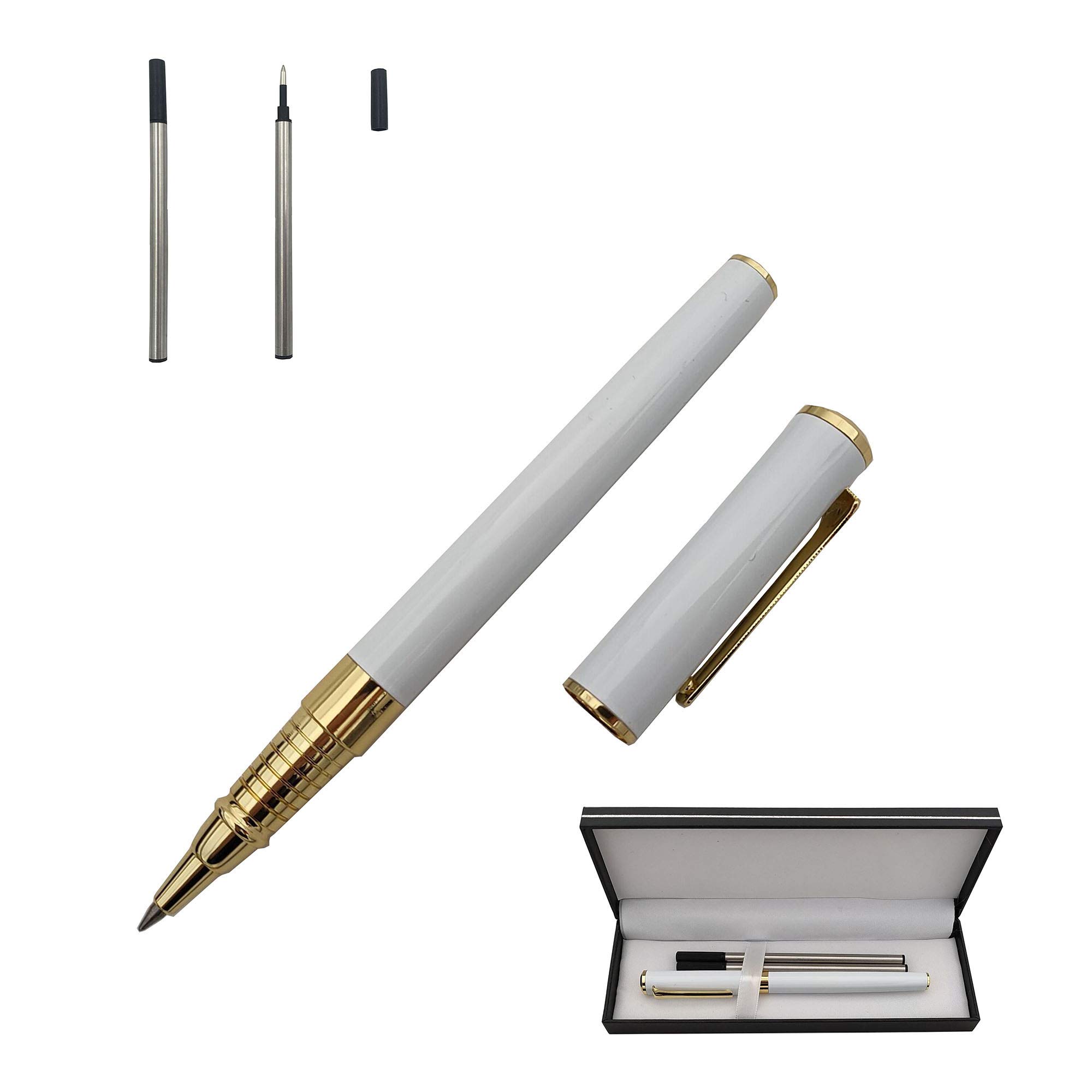 Accod Metal Signature Pen Writing Smooth Black Ink Ballpoint Pen Business Gift Pen with Two 0.5mm Refills Gift Box for Women or Man (White)