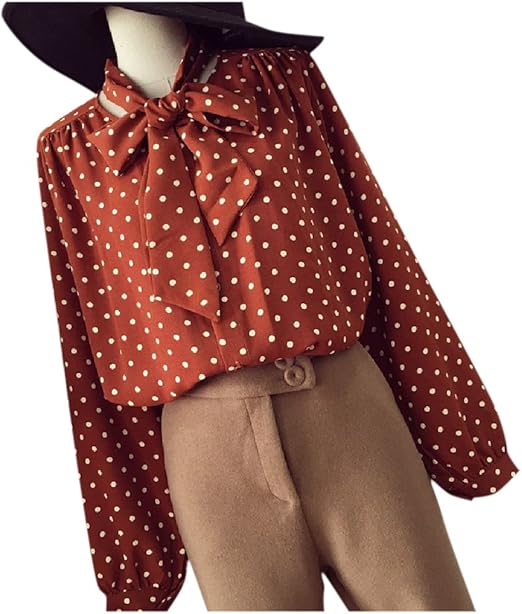 Amazon Formanism カジュアル レトロ ルーズ ドット 水玉 シャツ リボン ボウタイ レディース ブラウン シャツ ブラウス 通販