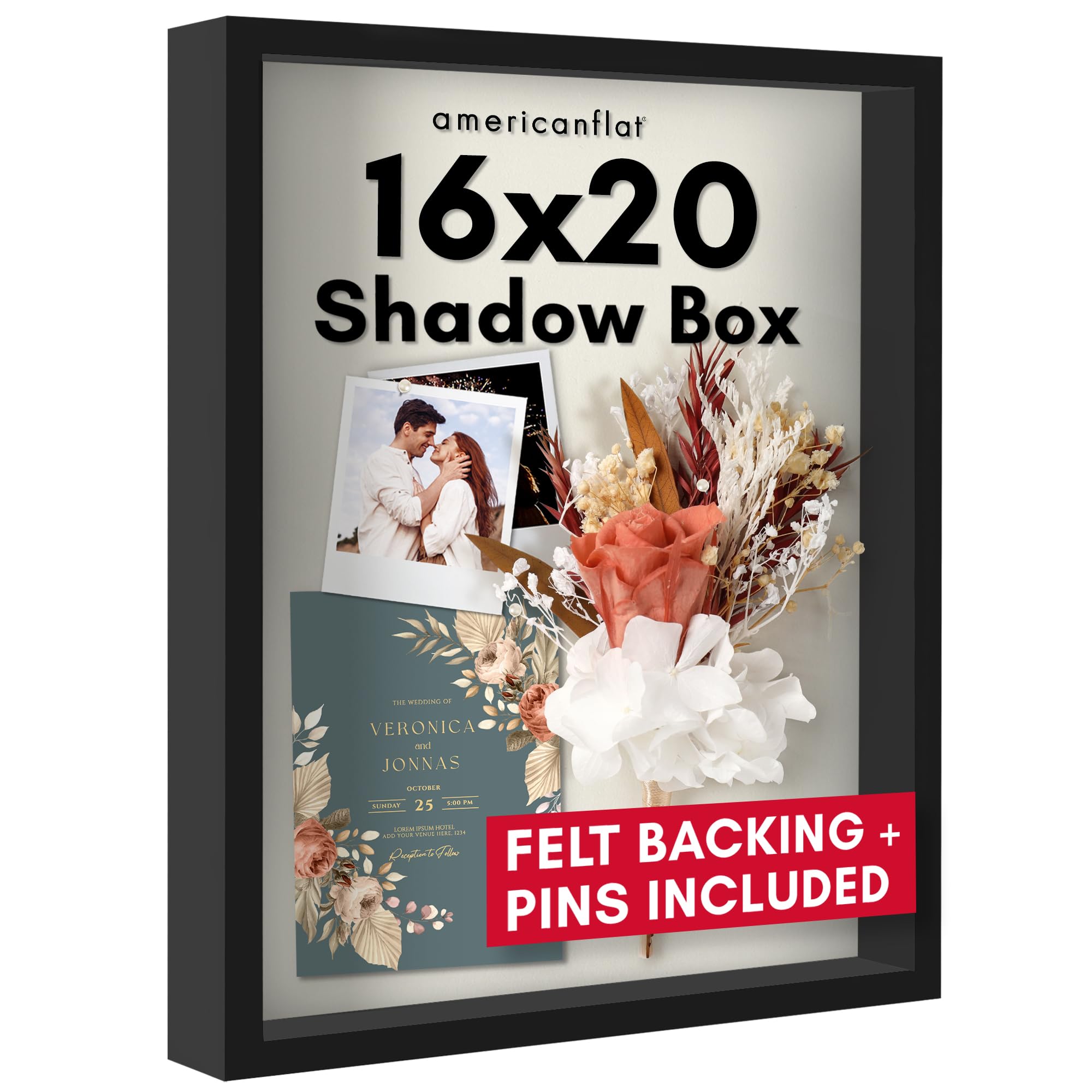 Americanflat 16x20 Shadow Box Frame with Polished Plexiglass - Silhouette Collection - Large Shadow Box Display Case for Tabletop and Wall Display - Black with Soft Felt Back