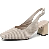 Tokouk Womens Knit Slingback Low Chunky Block Heel Pumps with Elastic Ankle Strap Comfort Closed Square Toe Block Heel Backless Dress Shoes for Evening Party Bride Wedding