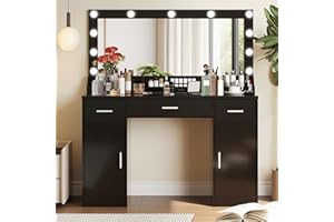MIRROTOWEL 47.5” Vanity Desk with Large Mirror, 3 Colour Lighting Modes, Adjustable Brightness, Dresser with 3 Drawers & 2 Vertical Cabinets, Makeup Vanity Table for Women Girls Black