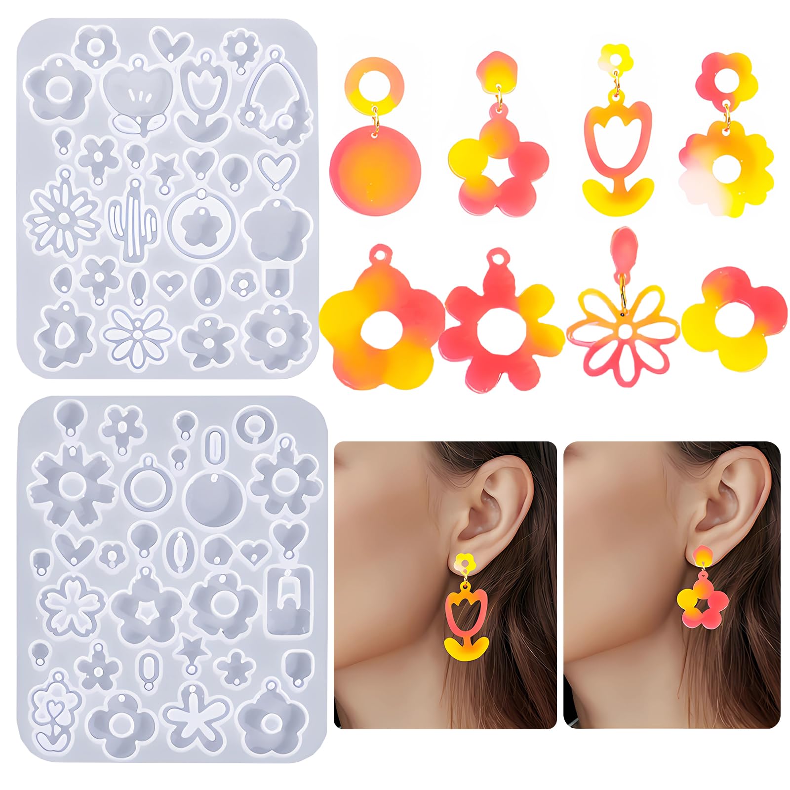 Photo 1 of (2 Pack) Resin Earring Molds, Flower Resin Molds Epoxy Jewelry Molds for DIY Earrings Pendant Keychain Ornaments Decoration