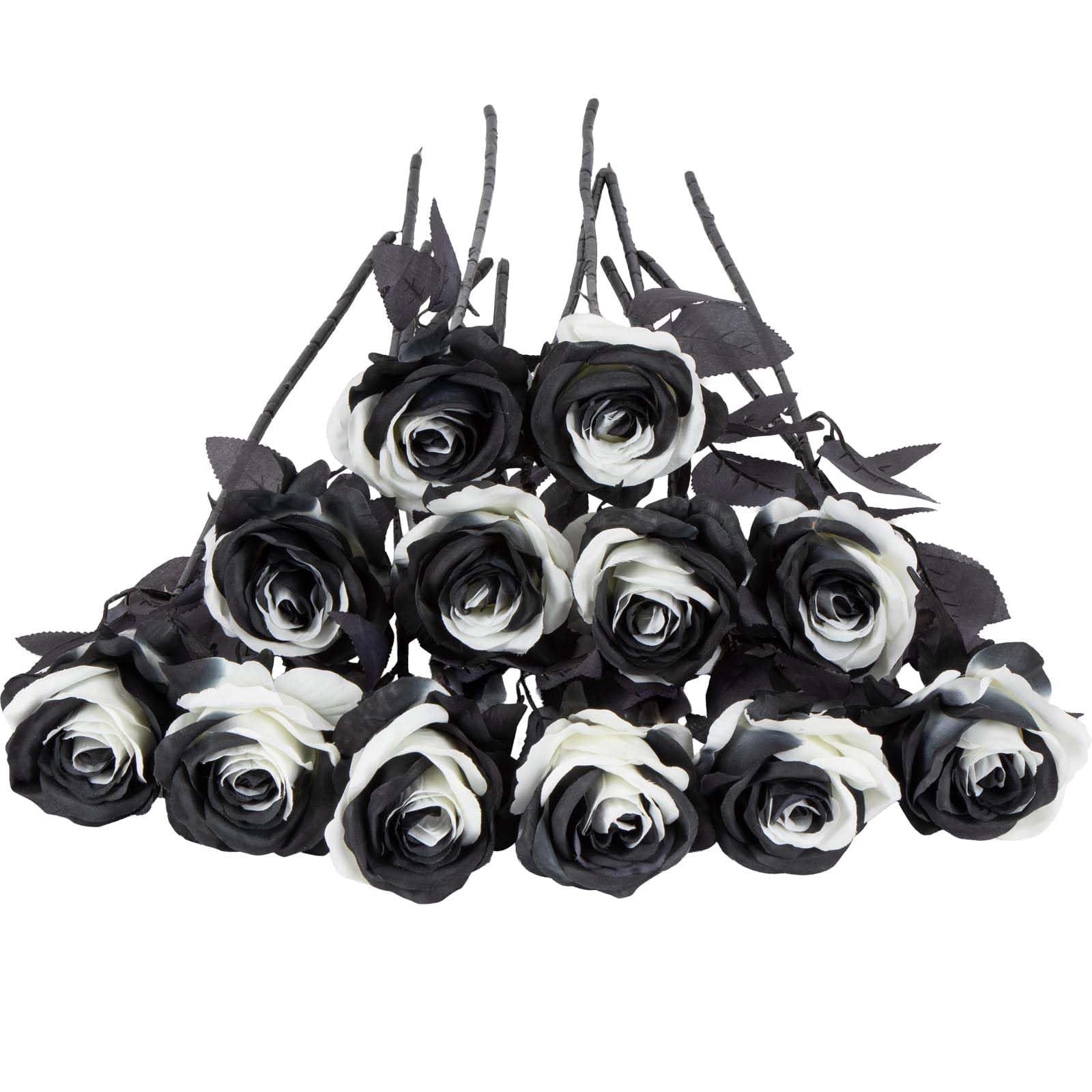 Laelfe 12 Pcs Black and White Roses Artificial Flowers, 53 cm Single Long Stem Faux Silk Black White Rose Fake Flowers for Halloween Party Christmas Wedding Bridal Bouquet Home Hotel Decoration