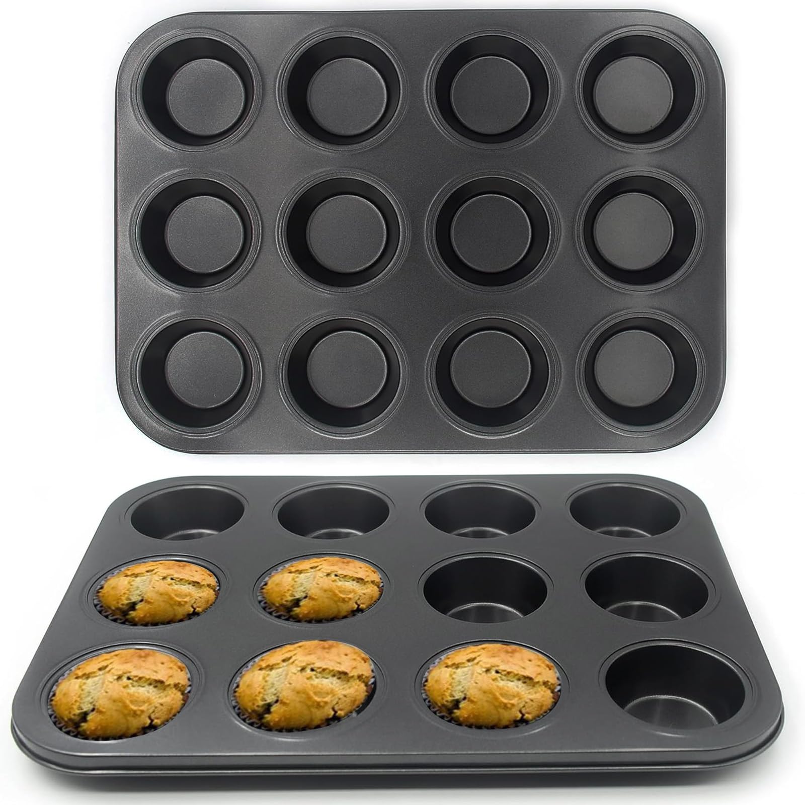 2 Pack 12 Cup Mini Muffin Trays, Nonstick Carbon Steel Pudding Baking Pan, Heat Resistant Mince Pie Tin, Easy to Clean Cupcake Bakeware, Strong Durable Cakes Moulds for Brownies Pies, Dishwasher Safe