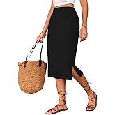 Naggoo Knitted Midi Skirts for Women Summer Elastic High Waisted Side Slit Long Skirt