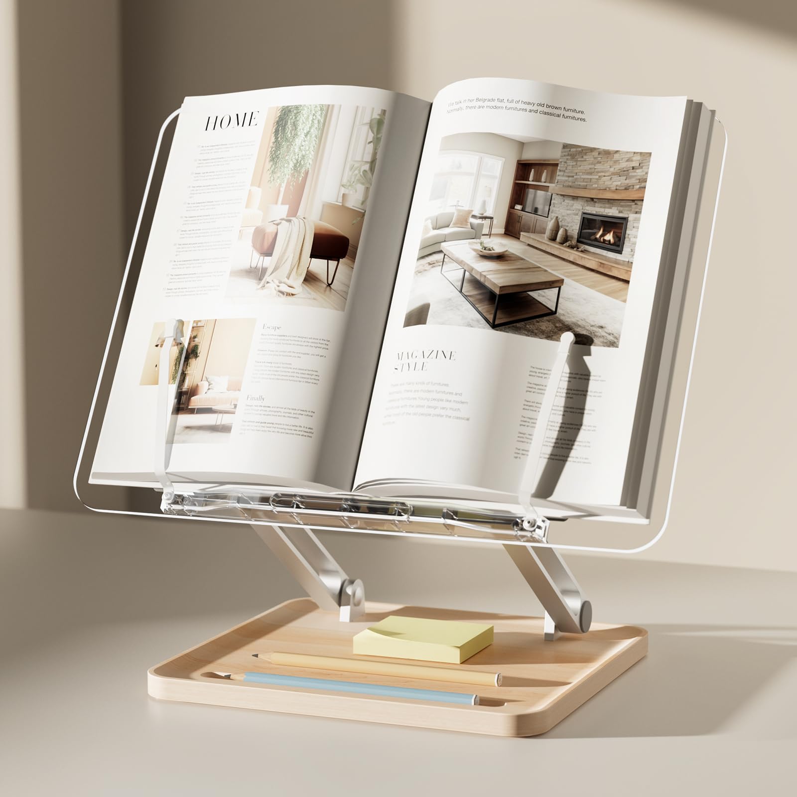 Book Stand for Reading, Acrylic Cookbook Textbook Desk Stand with Pen Slot, Adjustable & Foldable Book Holder, Hands-Free, Compatible with Laptop and Tablet