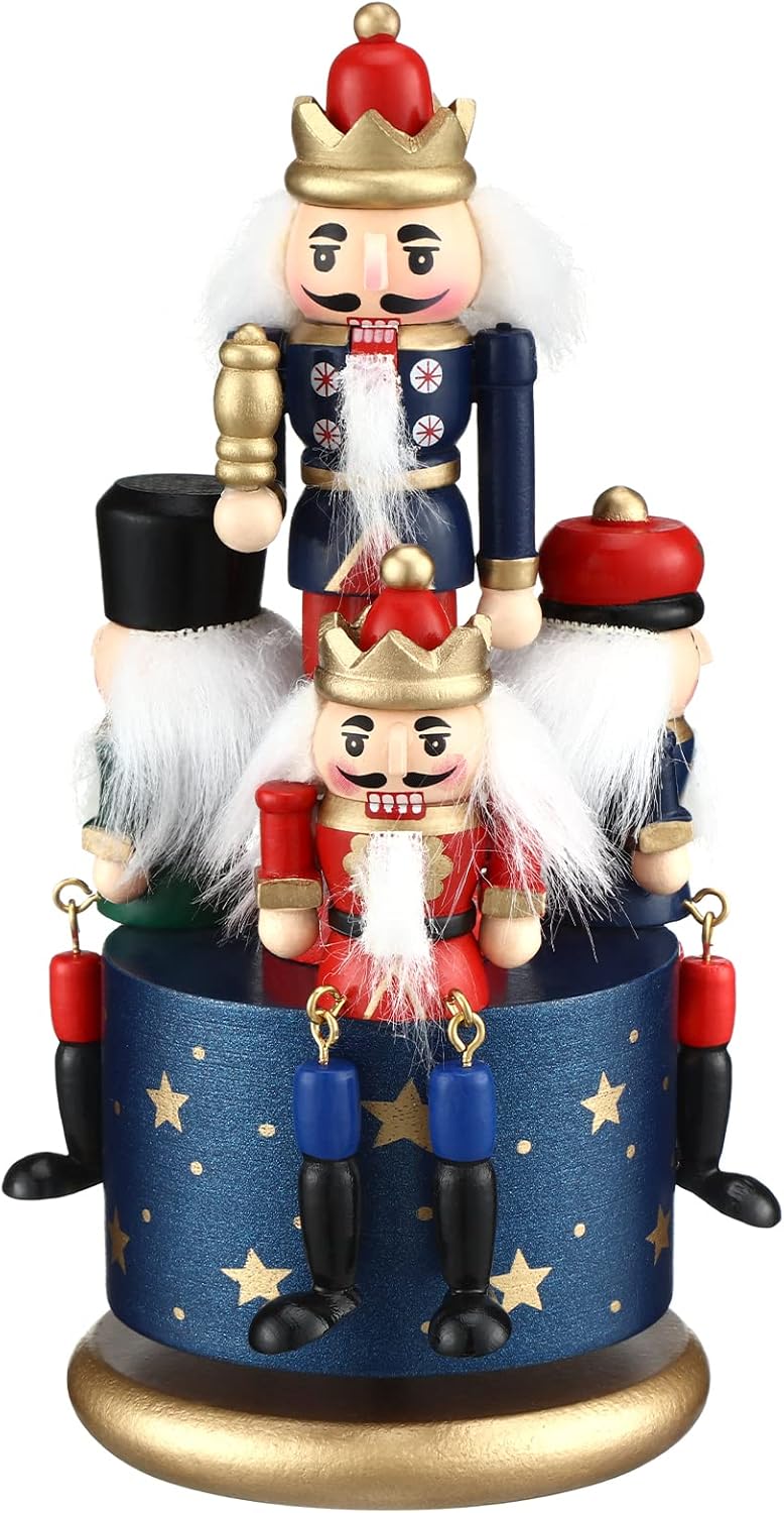 Nutcrackers - Nutcracker Music Box Wooden Nutcracker Soldier Toy Handmade Nutcracker Figures Christmas Nutcrackers 4 Soldiers Wind up Musical Box Clockwork Christmas Music Box for Gift Home Decor Ornaments (Blue)