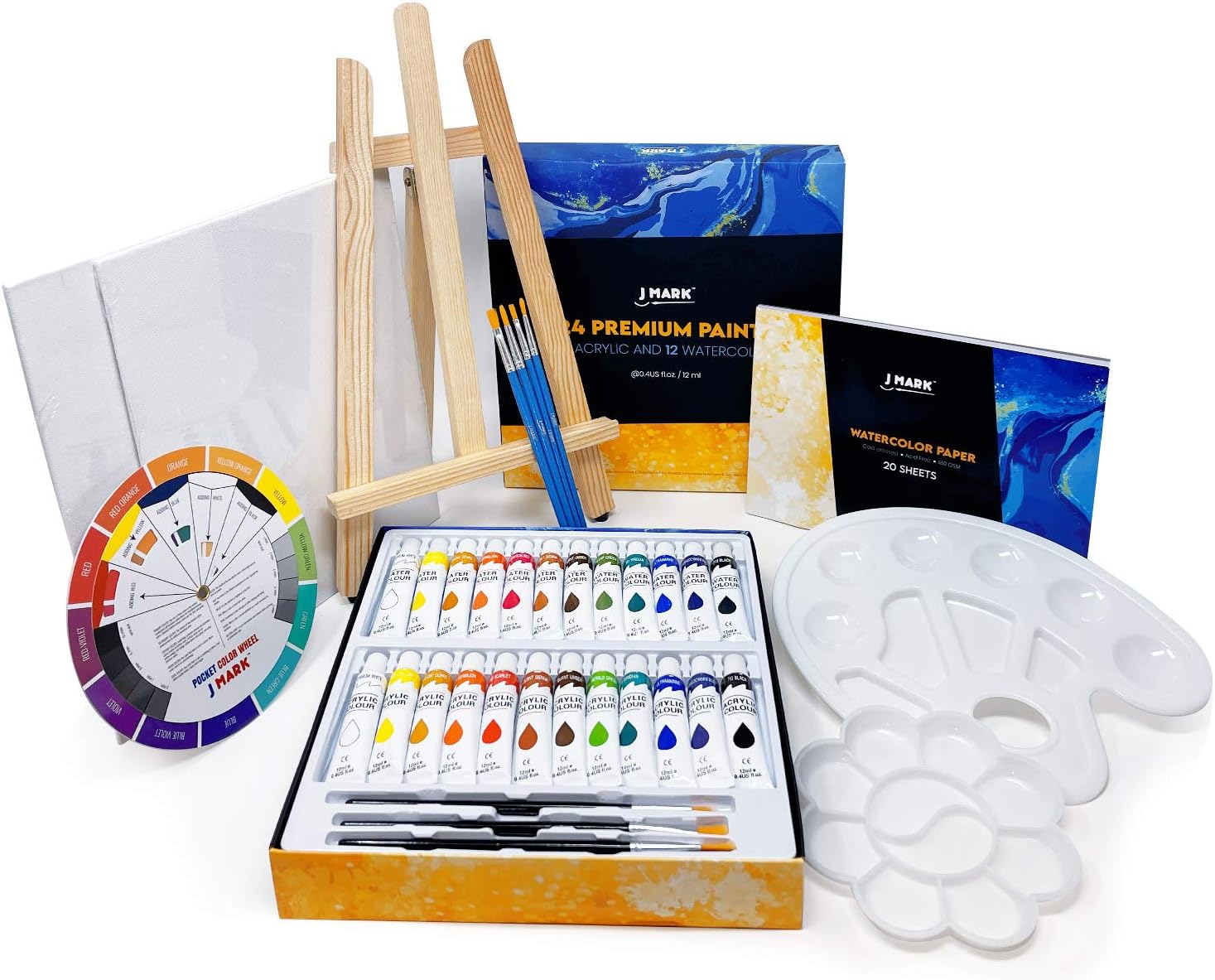 Acrylic and Watercolor Paint Set Supplies – 40-Piece Art Canvas Painting Kit for Adults Includes Wood Easel 2 Canvases 8x10 inch, 24 Paints, Watercolor Paper, 8 Brushes, 2 Palettes, Color Mixing Guide