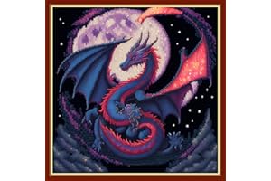 Findvoor Stamped Cross Stitch Kits for Beginners Full Range of Cross Stitching Embroidery Pattern for Kids or Adults, 11CT DIY Needlepoint Embroidery Starter Kits-Dragon Moon 17.7x17.7 inch