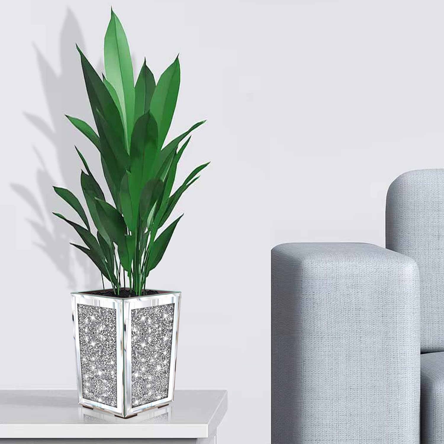 Photo 1 of Meetart Crushed Diamond Mirrored Planter, Crystal Silver Glass Decorative Mirror Luxury Flower Pot ?with Drainage Hole and Tray for All House Plants, Succulents, Flowers, and Cactus.