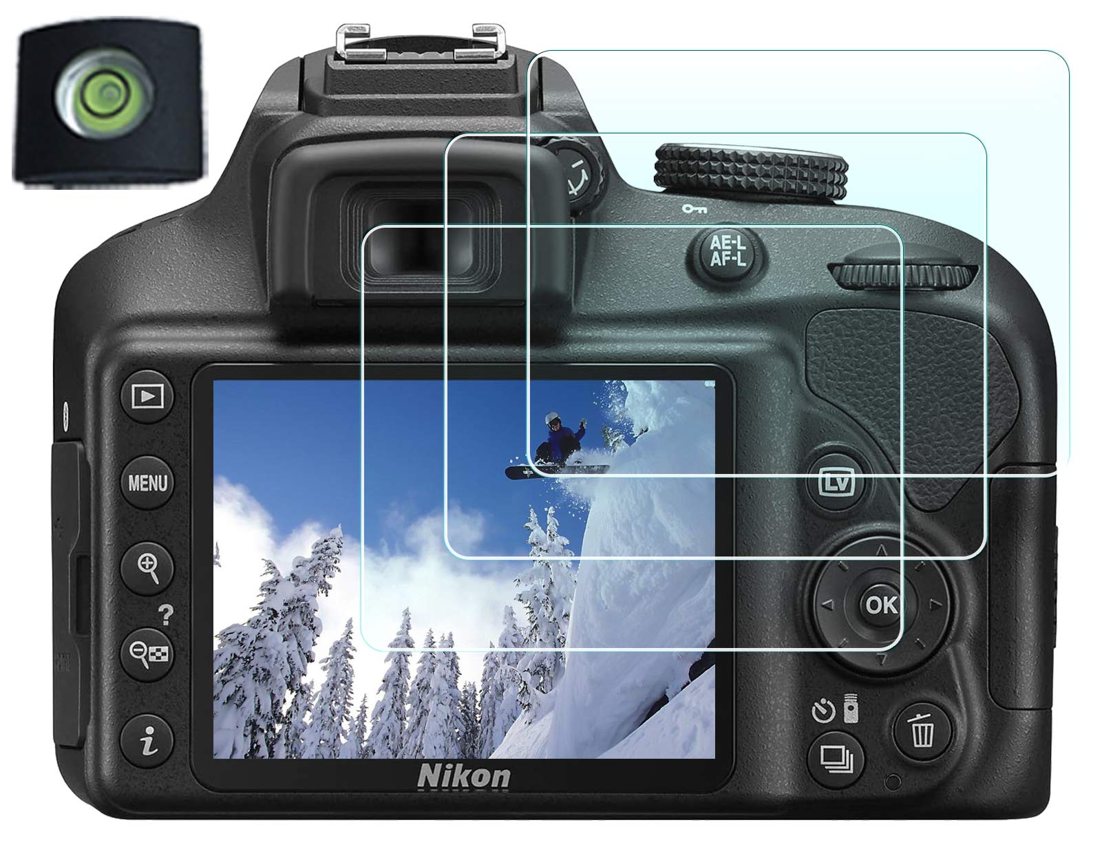 HUIPUXIANG Screen Protector for Nikon D3500 D3400 D3300 D3200 D3100 Camera(for accessories) with Hot Shoe Cover,0.3mm High Definition 9H Hardness Optical LCD Premium Glass Protective Cover [3+1 Pack]