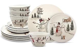 Meadow Lane Melange Snowman Dinnerware Plate set, 6 Soup Bowls, 6 Dinner and 6 Salad Plates