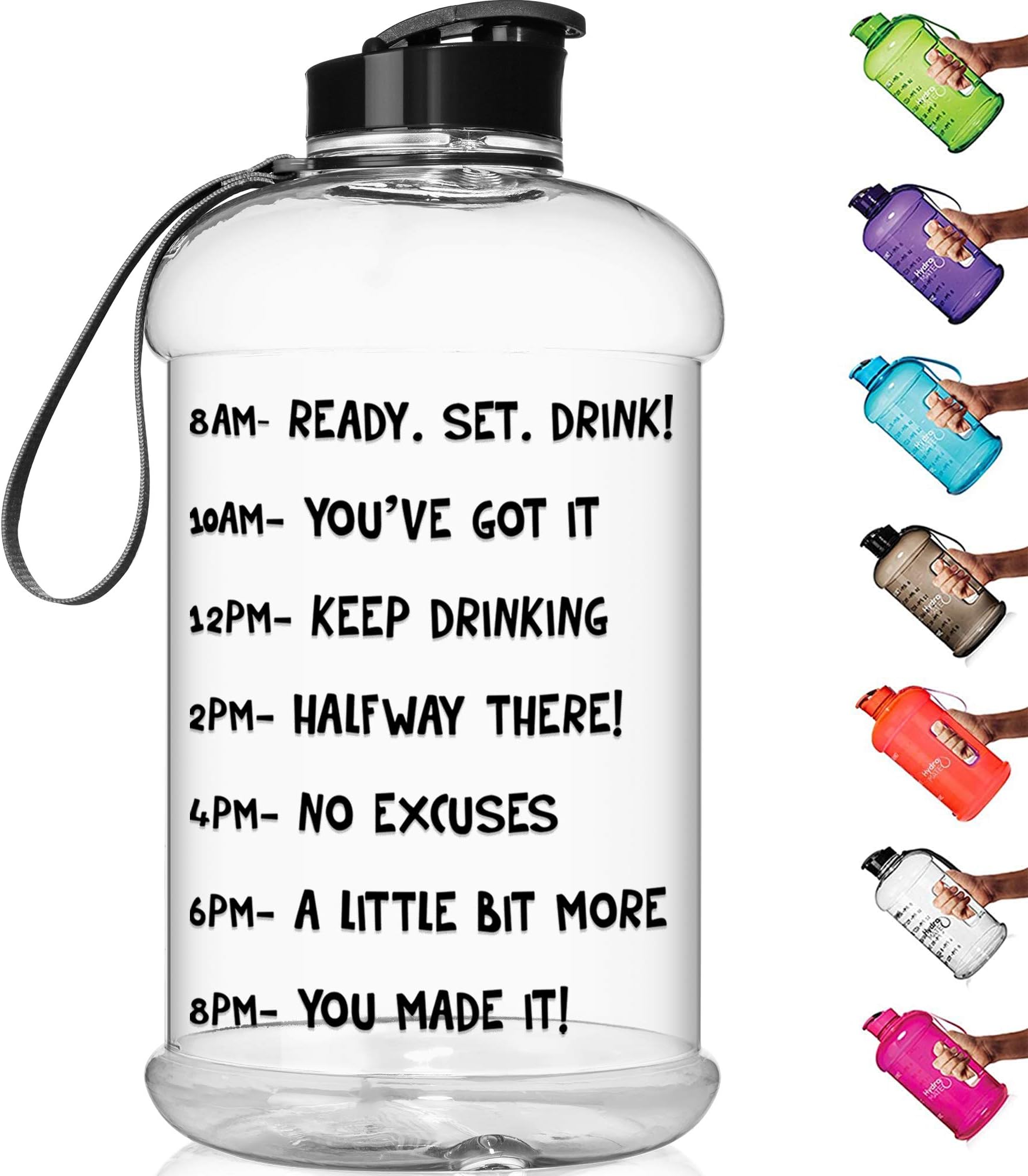 HydroMATE Half Gallon Motivational Water Bottle with Time Marker Large BPA Free Jug with Handle Reusable Leak Proof Bottle Time Marked to Drink More Water Daily 64oz