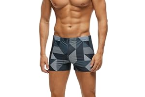 FEOYA Mens Athletic Boxer Swimsuit Square Leg Swim Trunk Swimwear Beach Bathing Suit Elastic Padded Board Short