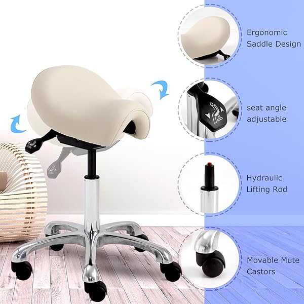EOGNYZIE ERGONOMIC SADDLE STOOL – ADJUSTABLE HEIGHT & TILT SADDLE STOOL CHAIR FOR SALON, SPA, LASH TECH, TATTOO ARTIST & DRAFTING, BEIGE