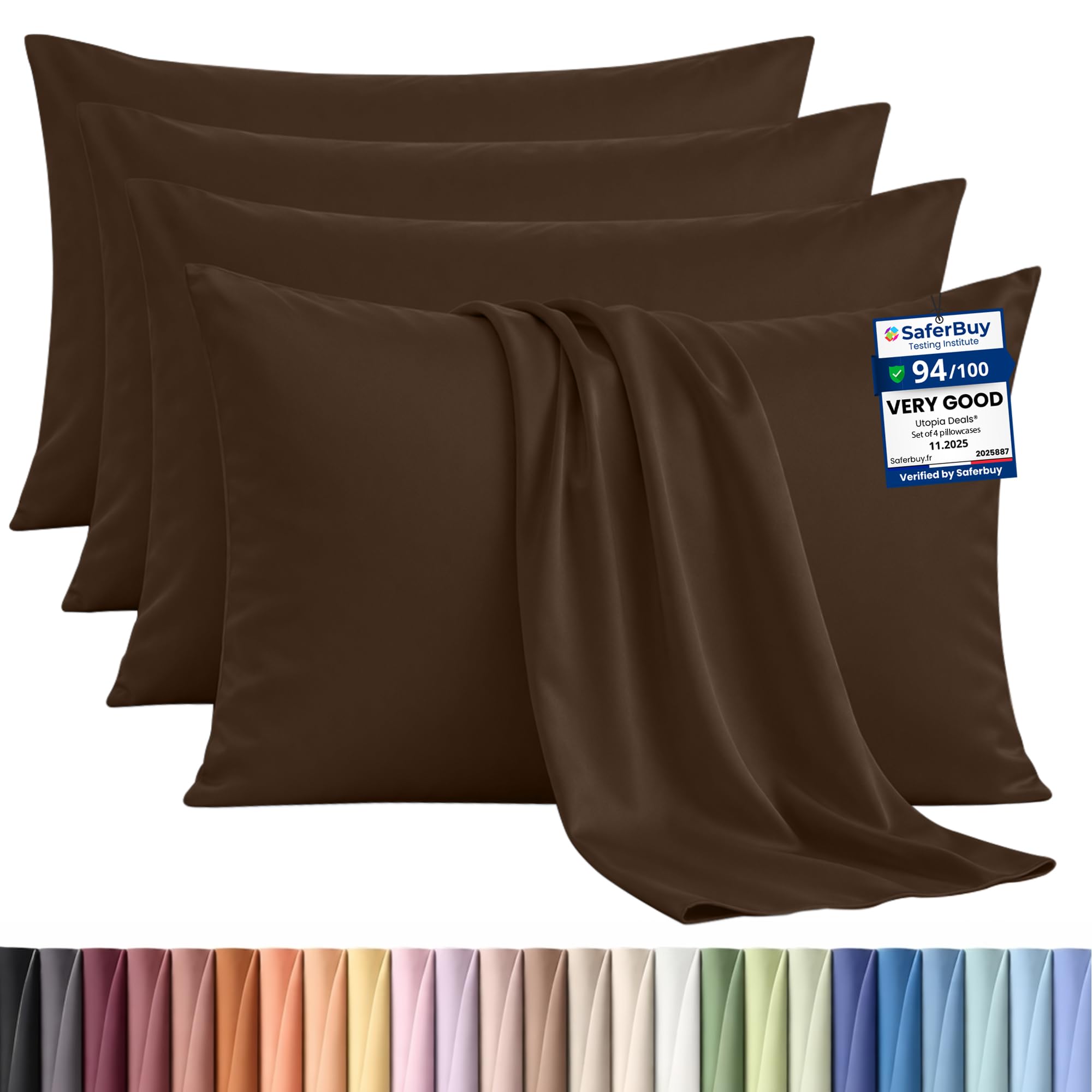 Utopia Bedding - 4 Pack Pillow Cases - OEKO-TEX - Standard Size 50x75 cm - 100% Brushed Microfiber Pillowcases with Envelope Closure, pillows not included - Wrinkle, Fade, & Stain Resistant - Brown