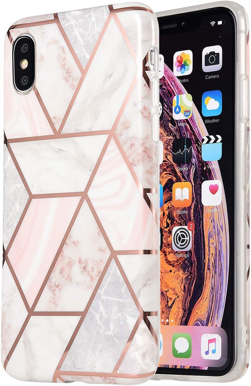 MANLENO Compatible with iPhone Xs Max Case Marble Glitter Rose Gold Full Body Coverage Phone Case TPU Rubber Silicone Protective Case for iPhone 10/Xs Max 6.5 Inch (Pink Grey)