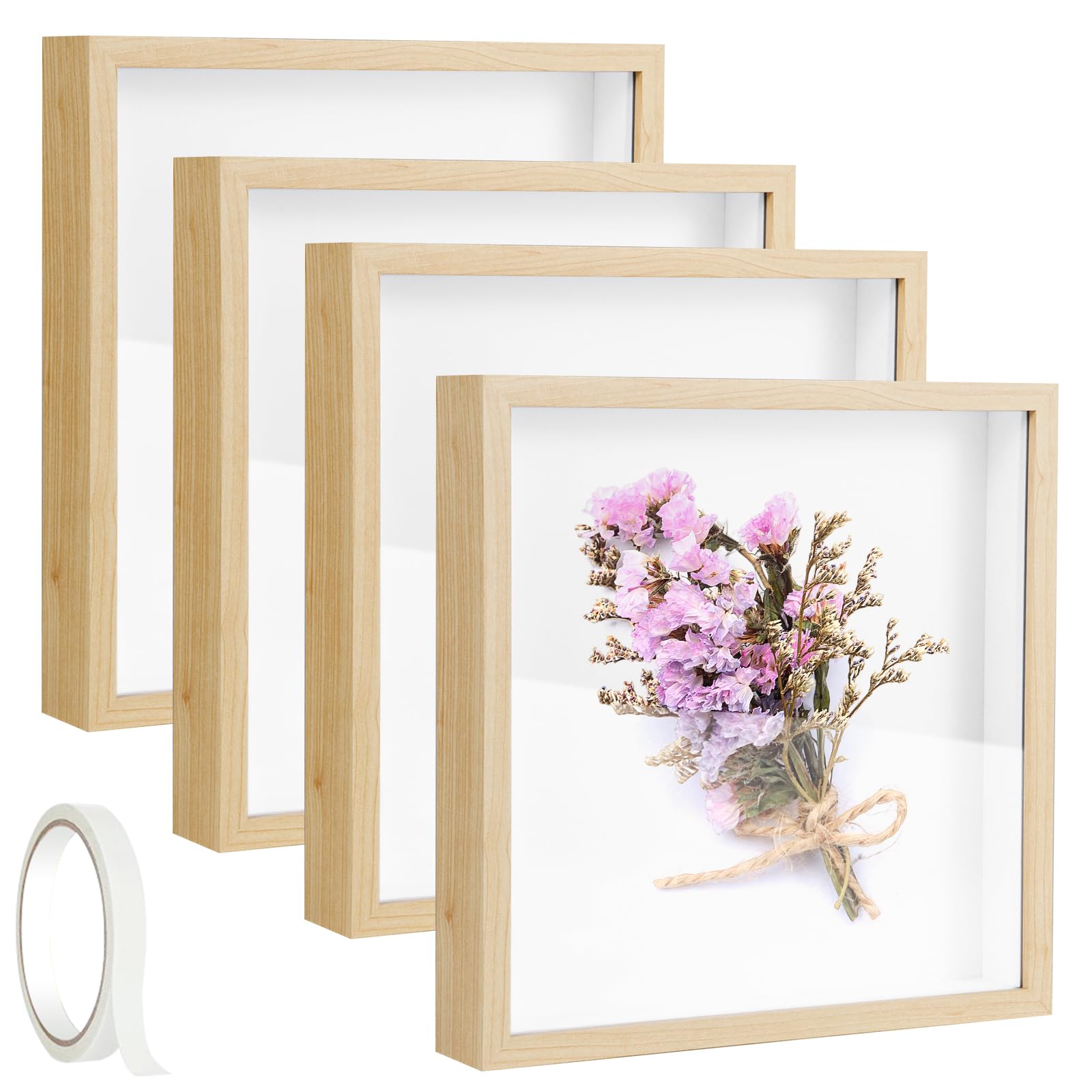 Photo 1 of 4 Pack 8 x 8 Shadow Box Frame 3D Picture Frame Shadow Boxes Display Cases with Adhesive Tape Memorial Box for Keepsake Baby Items Wedding Memories Photos Crafts Awards Medals Tickets