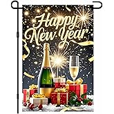 IVN New Year Garden Flag 12x18 Inch Double Sided Happy New Year Celebration Scene with Presents Glowing Festive Background Outdoor Yard Flag for Outside Home Front Door Lawn Porch Patio Welcome Decor