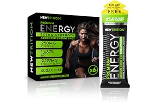 NewTrition® Extra Strength Energy Shots 1.7 fl oz (Pack of 6, Apple Surge flavor) - 250mg Caffeine with Vitamin B & Amino Acids, Sugar-Free, Zero Calorie Vitamin Energy Drink for Focus & Endurance