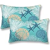 ZYNTIRAX Coastal Beach Throw Pillow Covers Ocean Seashell Coral Starfish Lumbar Pillow Cover 12x20 Inch Set of 2 Nautical Coastal Pillowcase Rectangle Cushion Cases for Home Bed Sofa