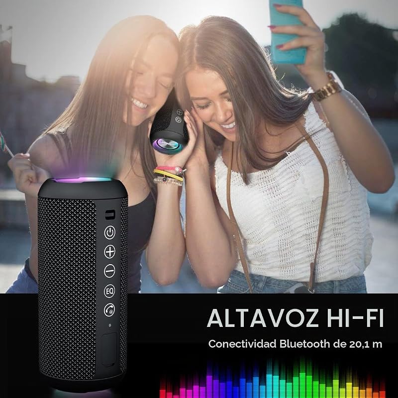 Coluna Bluetooth potente com luz LED, mini caixa de música portátil com função mãos-livres, proteção contra água IPX7 e som surround de 360°, coluna sem fios para
