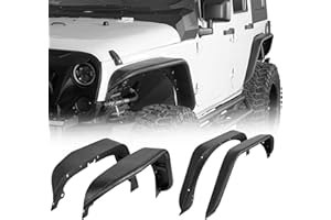 Hooke Road JK Flat Fender Flares for 2007-2018 Jeep Wrangler JK JKU 2/4 Doors, 4 PCS Front and Rear Steel Black Tube Fender Flare