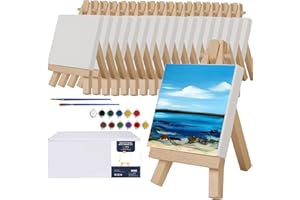 Zingarts Mini Canvases with Easel Set, Pack of 18,3” x 3” Inches Mini Canvas Boards,18pcs 5" Mini Easel and 2 Sets of Paint and Brushes, Small Canvas for Professional Kids Art Supplies