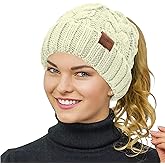 Rosoz Ponytail Beanie for Women,Winter Warm Beanie Tail Soft Stretch Cable Knit Messy High Bun Hat