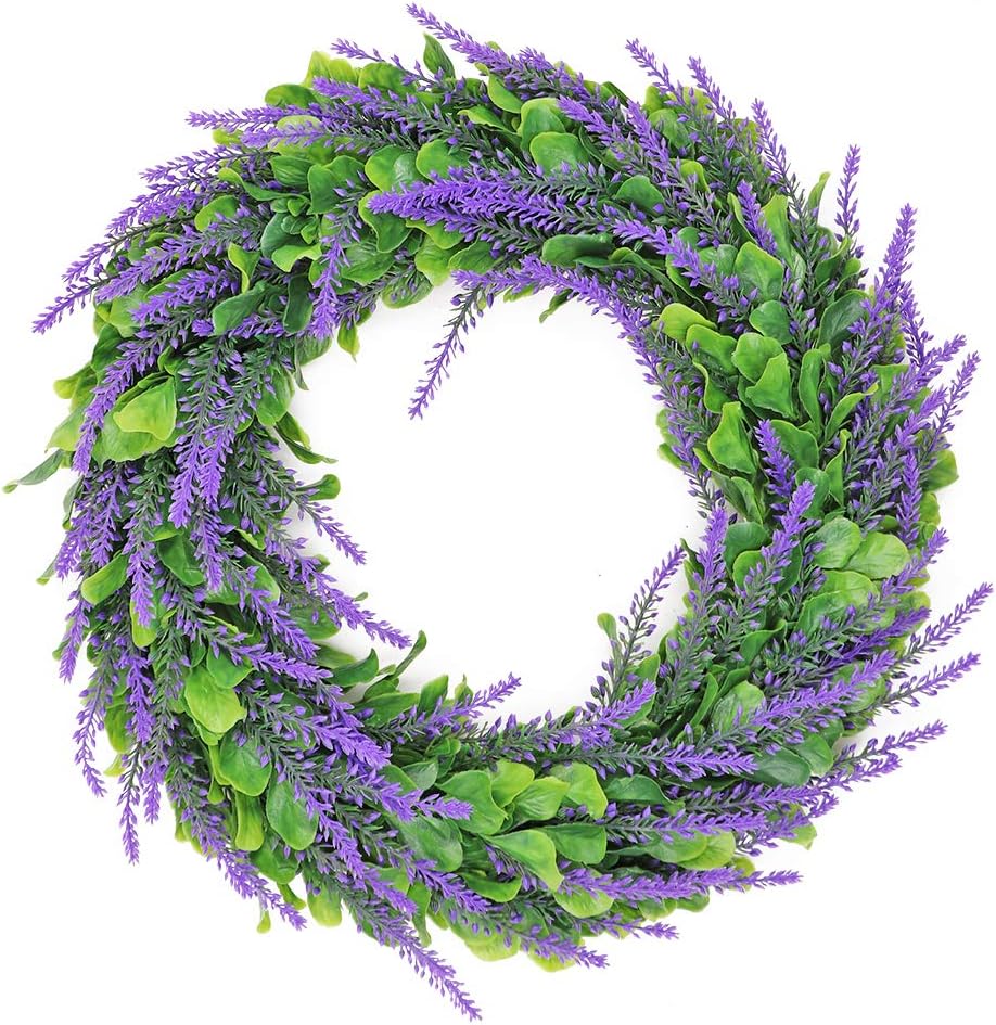 LSME 14 Inch Artificial Lavender Wreaths and Green Boxwood Leaves Christmas Wreath for Arrangements Decor Wall Front Door Farmhouse Wedding Party Home Indoor Outdoor All Seasons