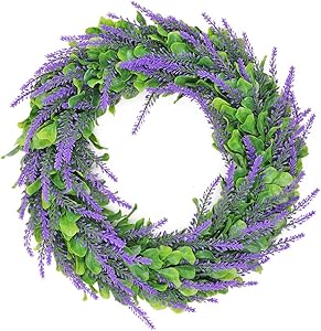 LSME 14 Inch Artificial Lavender Wreaths and Green Boxwood Leaves Christmas Wreath for Arrangements Decor Wall Front Door Farmhouse Wedding Party Home Indoor Outdoor All Seasons