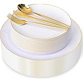 I00000 150PCS White and Gold Plastic Plates with Disposable Silverware for 30 Guests,Nice Disposable Plates,White Plastic Plates Set Include 30 Dinner Plate,30 Dessert Plate,90 Gold Cutlery for Party