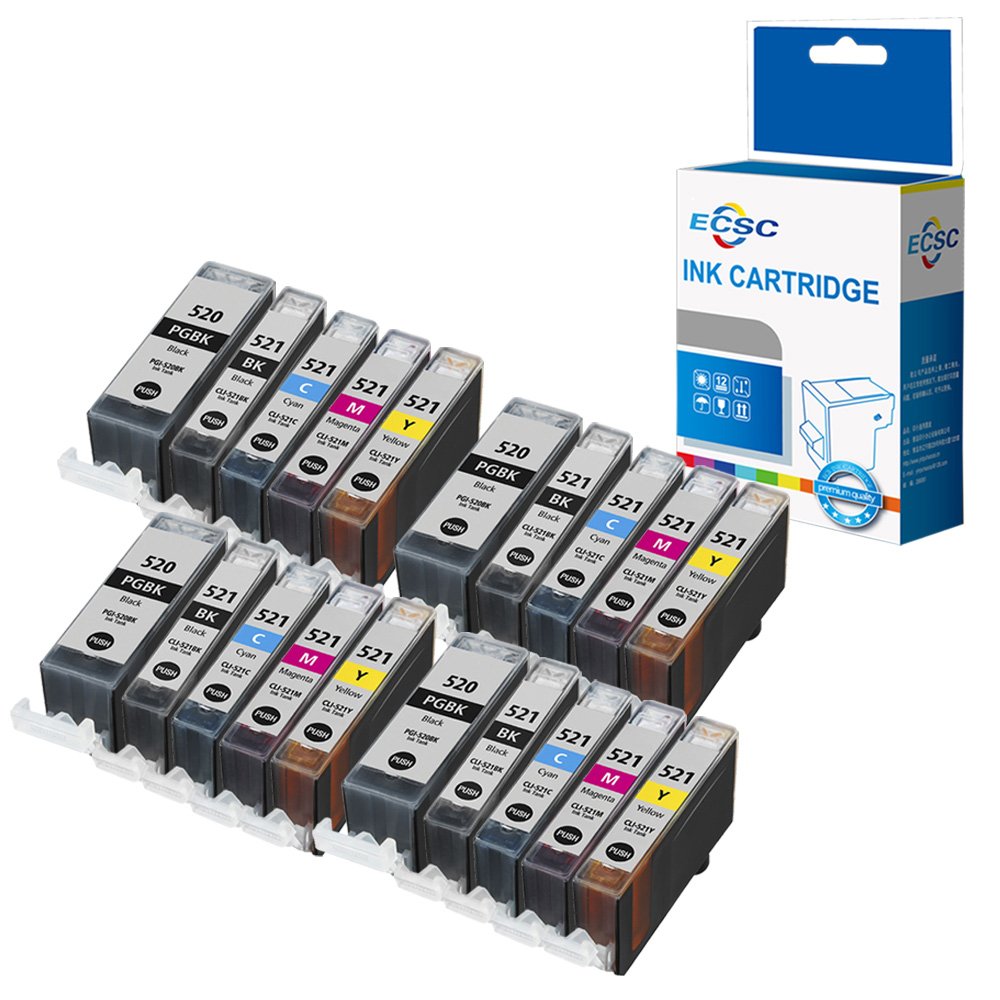 ECSC Compatible Ink Cartridge Replacement for Canon Pixma iP3600 iP4600 iP4700 MP540 MP550 MP560 MP620 MP630 MP640 MP980 MP990 MX860 MX870 PGI520/521 (Large Black/Black/Cyan/Magenta/Yellow, 20-Pack)