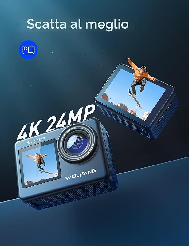 GA200 4K 24MP Dual Screen Wi-Fi Action Camera Sportiva, Fotocamera Subacquea 40M, Grandangolo 170°, Telecomando EIS Migliorato, 2 Batterie, Base di Ricarica, Multi-Accessori