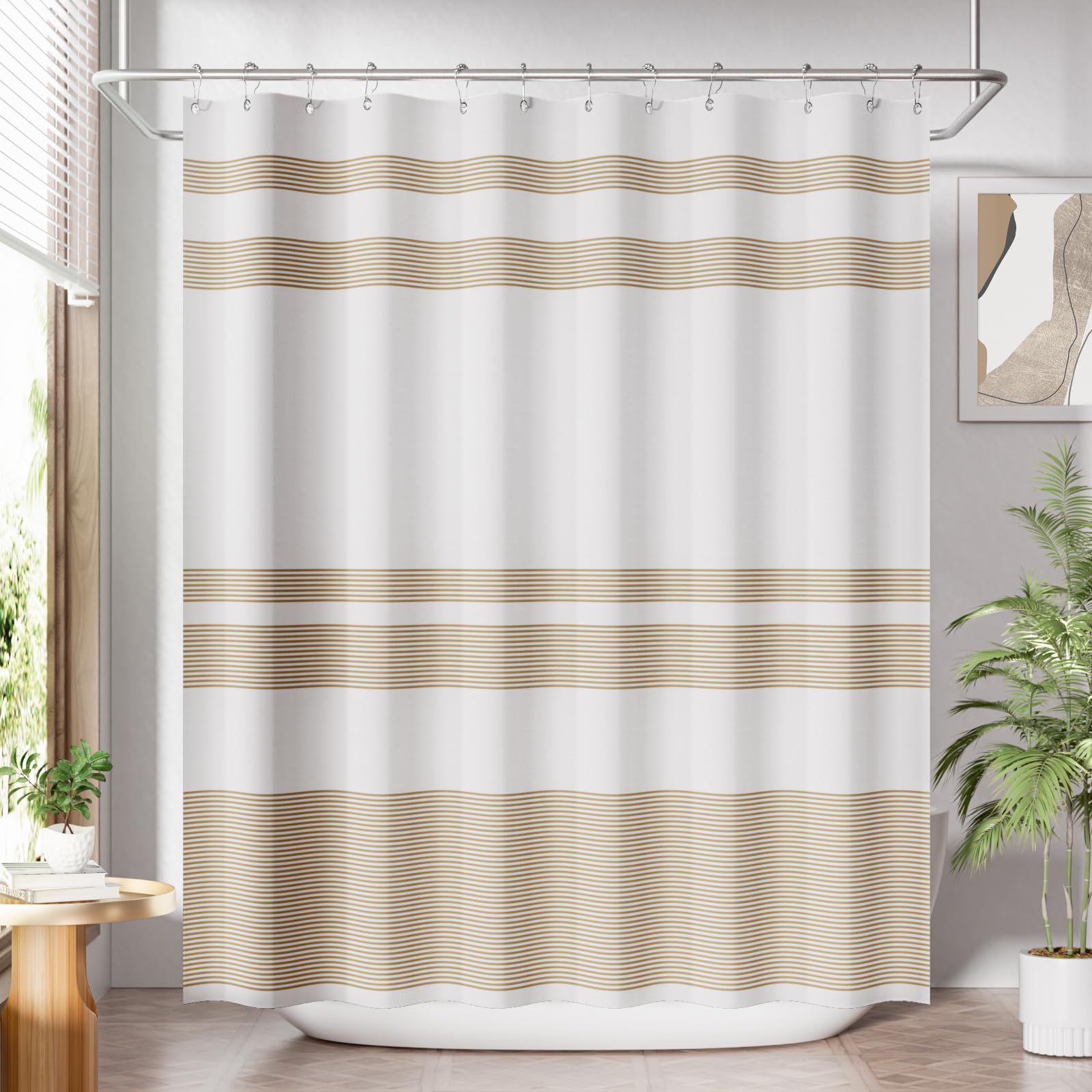 Photo 1 of AmazerBath Shower Curtain, 72x72 Washable Cloth Neutral Light Tan Shower Curtain with 12 Hooks, Fabric Khaki and White Striped Set, Farmhouse Bathroom Shower Curtain