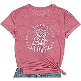 COMIZI Cow Lover Shirts for Women Easily Distracted by Cows Tshirt Western Country Farm Life Tee Tops