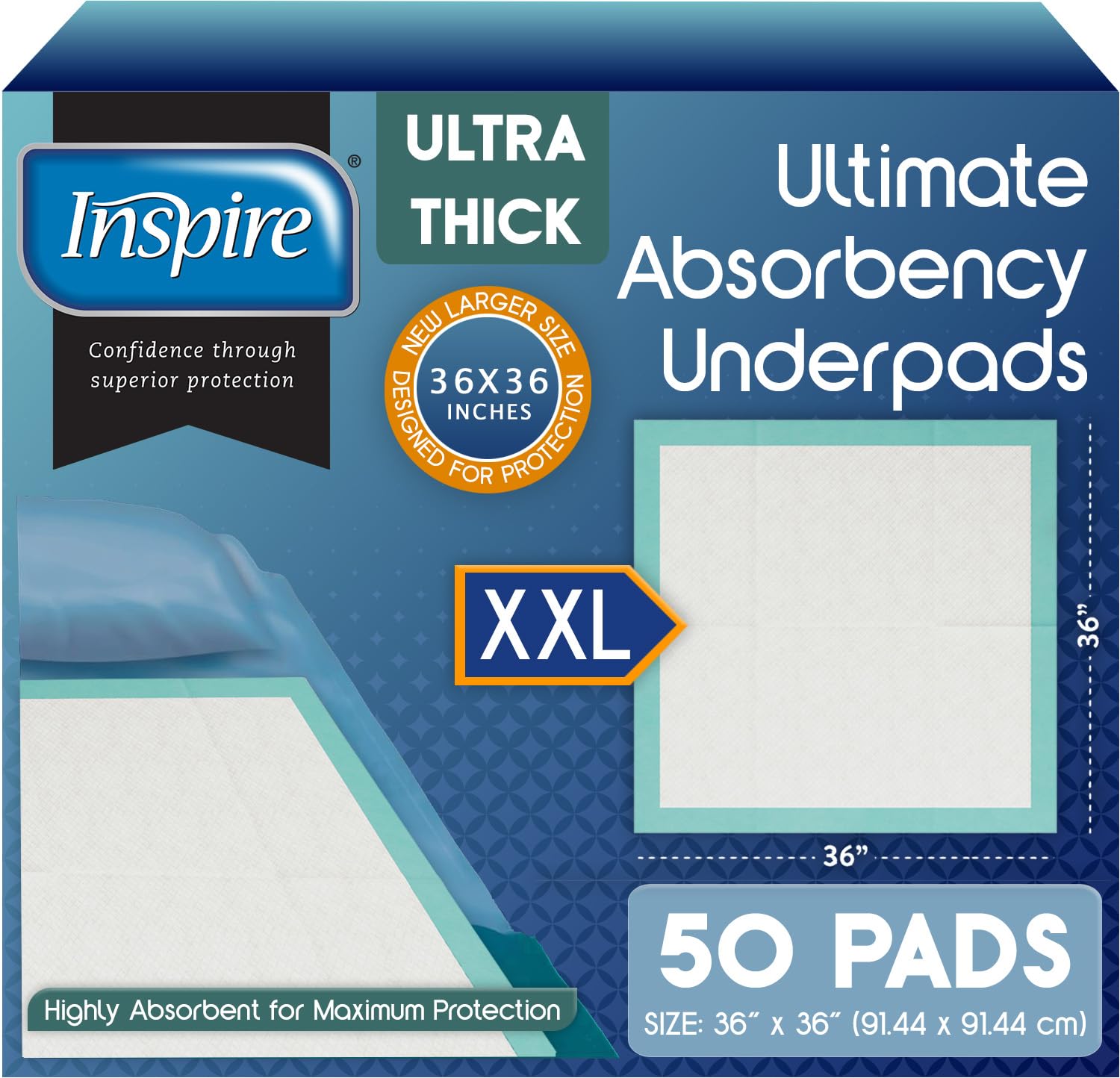 Photo 1 of Inspire Extra Large Super Absorbent Disposable Bed Pads for Incontinence (36" X 36" Pack of 50) Ultra Thick and Absorbent Underpads Chux Adults, Puppies, Dogs Kids Furniture Protection