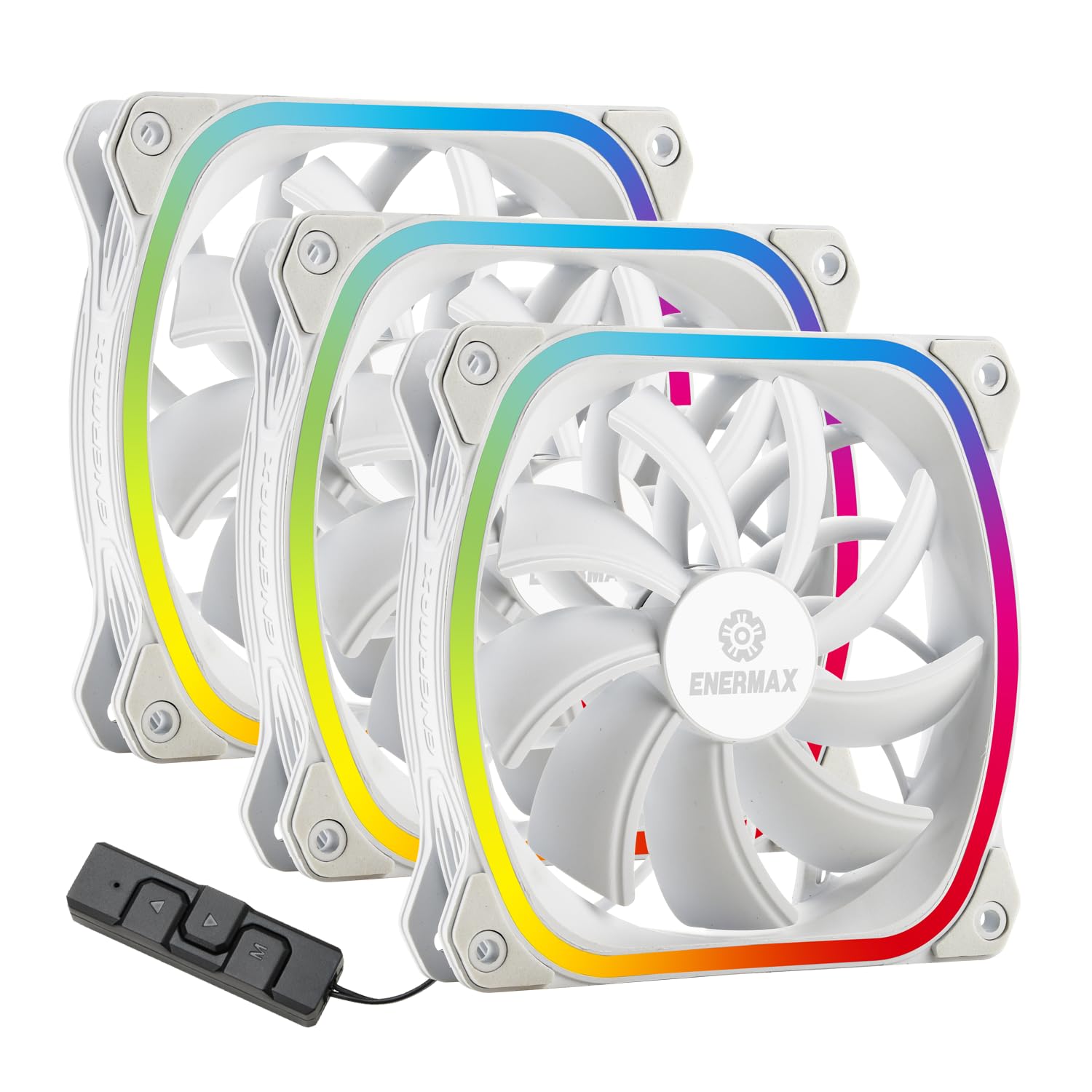 ENERMAX SquA RGB PWM 120mm ARGB PC Fan with RGB Control Box 3 Pack - Air Intake - Vortex Frame - High Airflow - 300-1500RPM - White - UCSQARGB12P-W-BP3