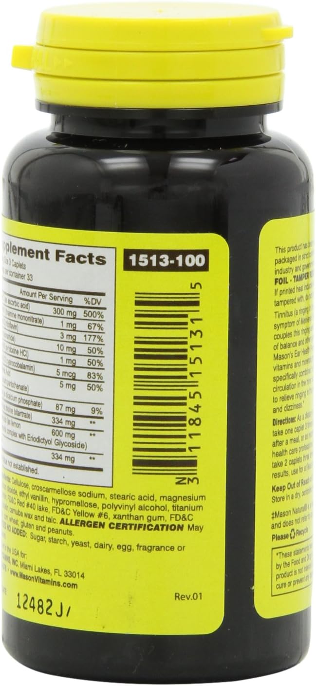 Mason Natural Vitamin Advance Ear Health Formula Caplets, 100-Count Bottle: Health & Personal Care