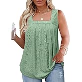 ROSRISS Plus-Size-Tank-Tops Summer Sleeveless Loose Fit Pleated Shirts Square Neck Tunics Eyelet Flowy Tees