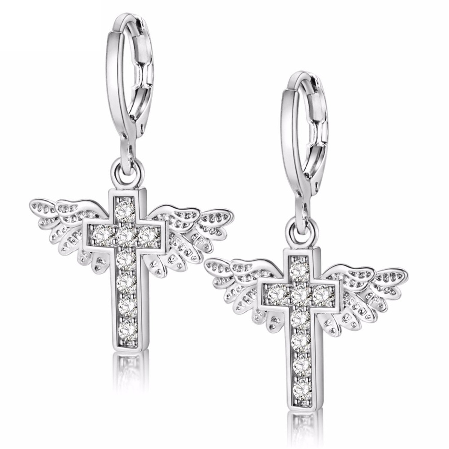 Uloveido Cubic Zirconia Brass Earings 2018 Angle Wing & Cross On Drop Earrings for Women Y199 (Platinum plated)